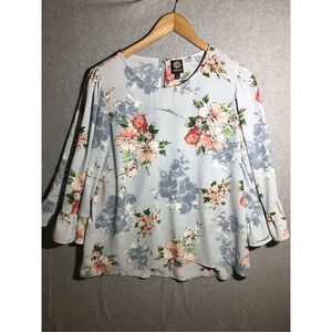 Womens Bobeau Blouse Blue Floral Bell Sleeve Ruffle Cuff Flowy Work Business